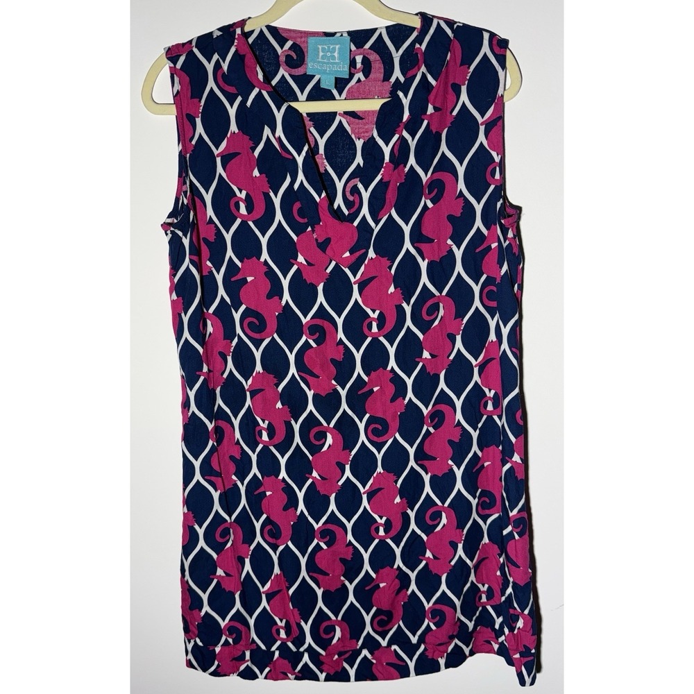 Escapada Top Women's L Seahorse Beach Coverup Blue Pink Coastal Resort Preppy